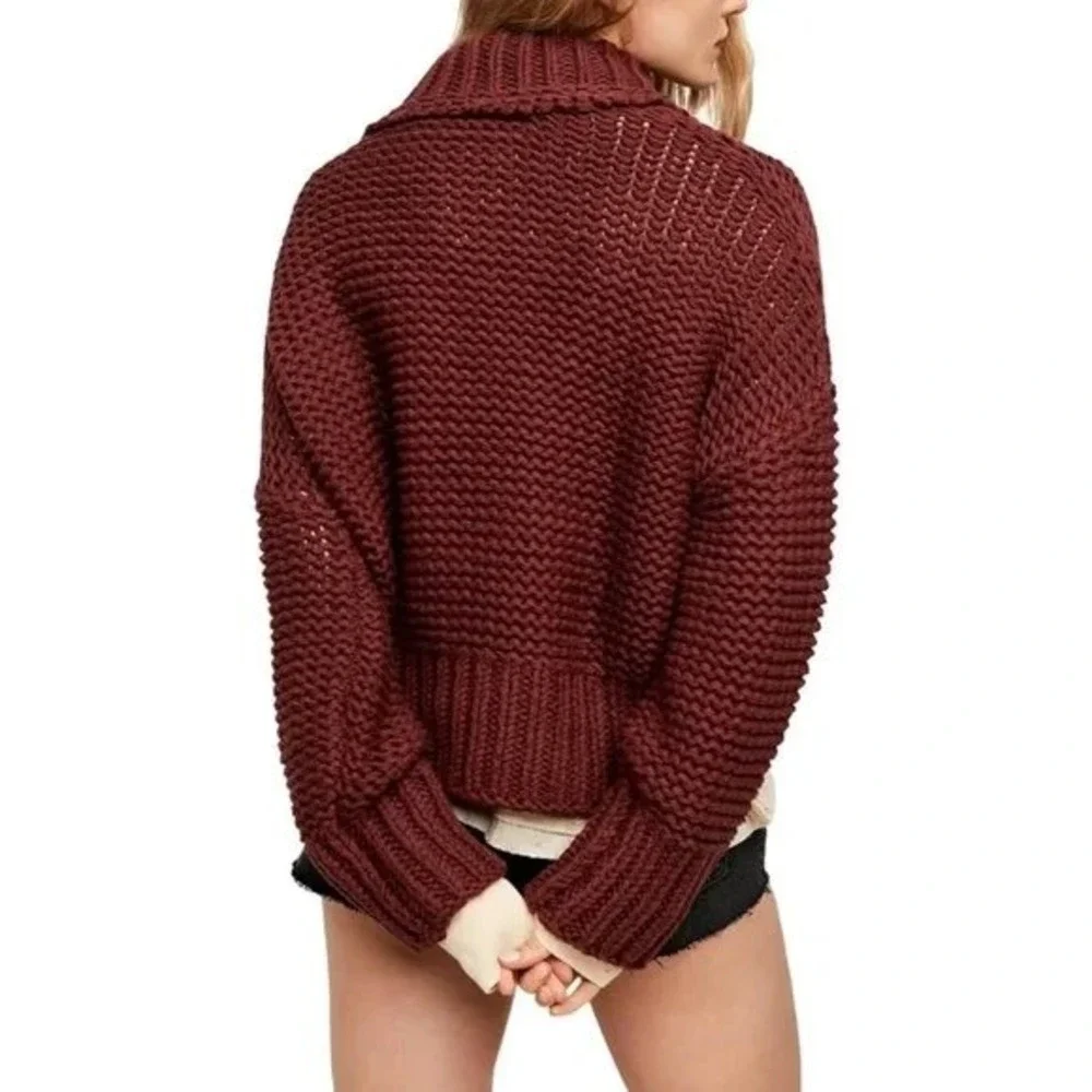 Free People Chocolate Merlot Chunky Knit Turtleneck Sweater Oversized Size L NWT